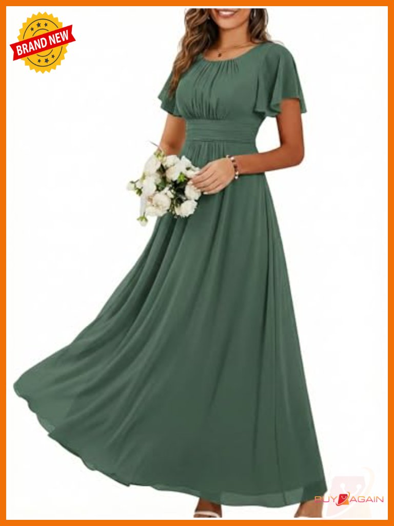 Floor Length Chiffon A-Line Formal Dress With Short Ruffle Sleeves